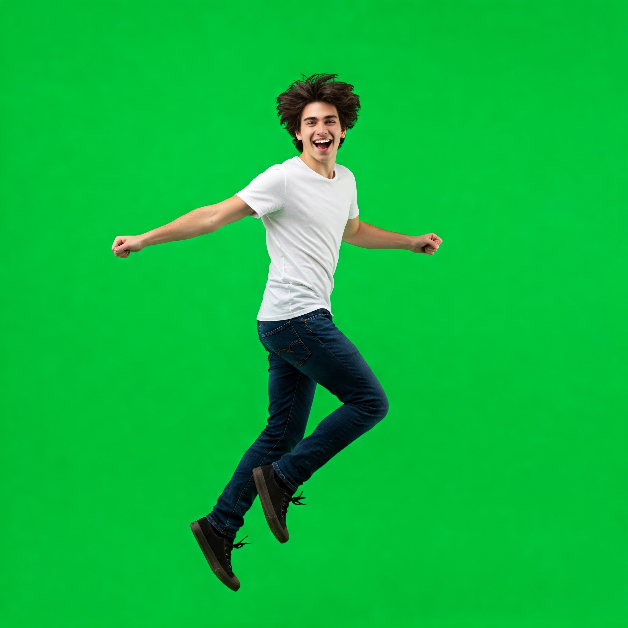 photo of Joyful Young Man Jumping Against Green Screen